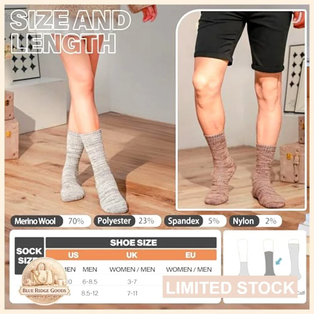 Merino Wool Hiking Socks Thermal Thick Winter Crew Cushioning Work Unisex